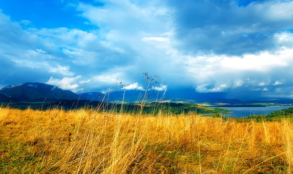 Прекрасний пейзаж, зелена і жовта лука і озеро з горою на задньому плані. Словаччина, Центральна Європа. — стокове фото