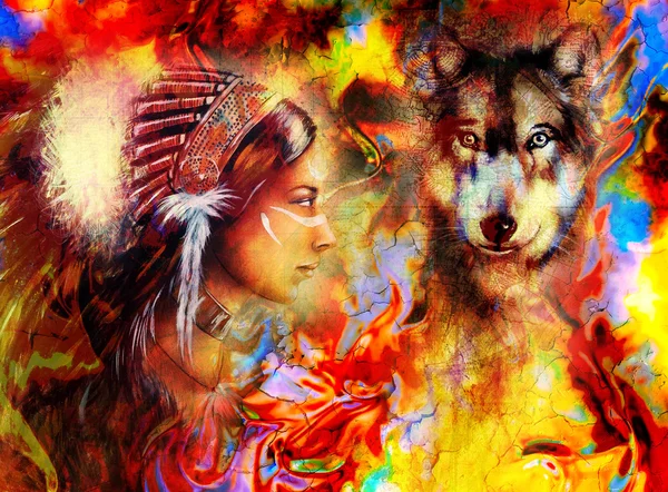 young indian woman wearing  with  wolf and feather headdress and abstract color background.