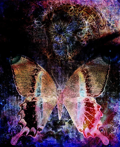 Illustration eines Schmetterlings- und Frauenauges, gemischtes Medium, abstrakter Farbhintergrund — Stockfoto