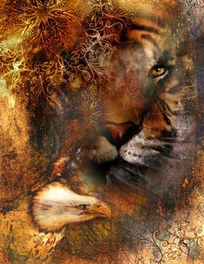 beautiful painting of eagle and tiger face on orange abstract background, with ornaments.