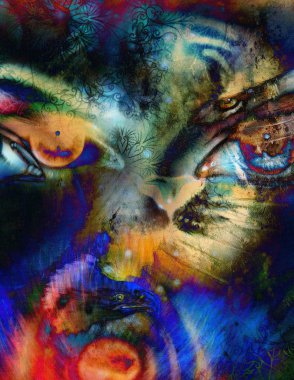 eagle and tiger face and womamn eye on  abstract background, with ornaments.