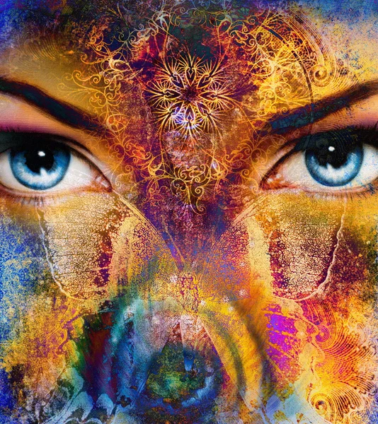 Illustration of a butterfly and woman eye , mixed medium, abstract color background — Stock Photo, Image