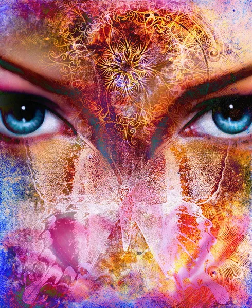 Ilustración de un ojo de mariposa y mujer, medio mixto, fondo de color abstracto —  Fotos de Stock