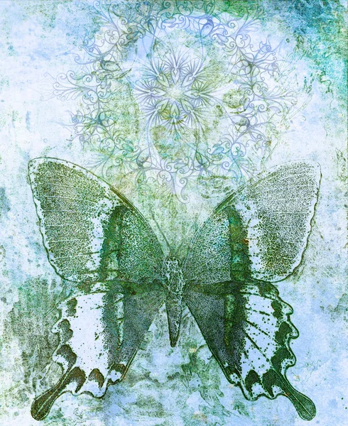Schmetterling und orientalische ornamentale Mandala und Farbe abstrakten Hintergrund mit Flecken. — Stockfoto