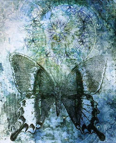 Mariposa y mandala ornamental oriental y fondo abstracto de color con manchas. con adorno de dólar — Foto de Stock
