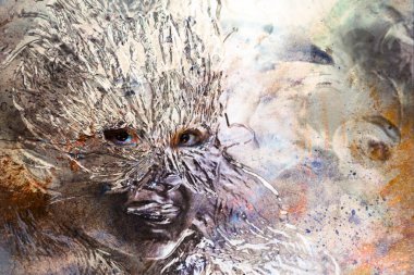 Young woman with feather carnival face mask. Woman goddess. Woman coated in metallic silver paint.