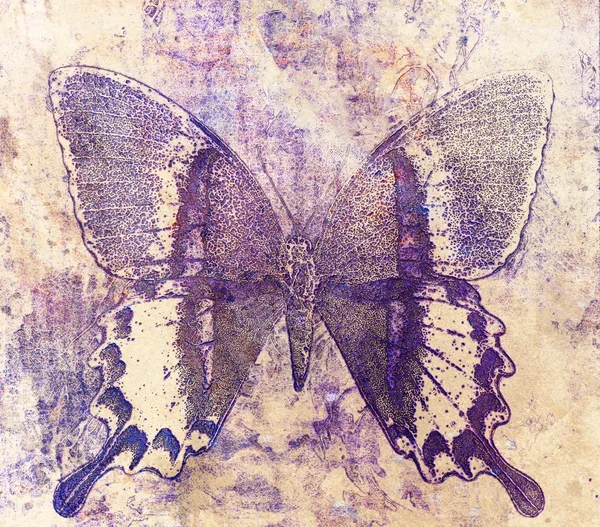 Кольоровий метелик, ілюстрація та змішане середовище, абстрактний фон, ефект старовинної іржі . — стокове фото