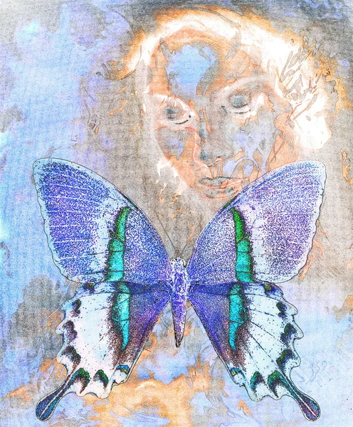 Woman and  color butterfly, mixed medium, abstract color background. — Stok fotoğraf