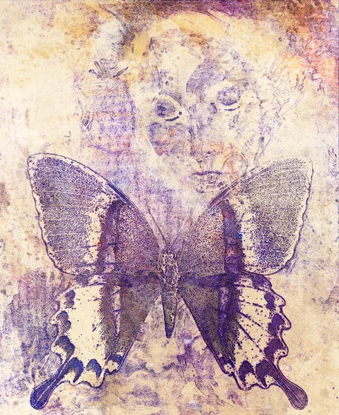 Woman and  color butterfly, mixed medium, abstract color background — Zdjęcie stockowe