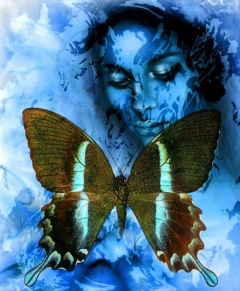 Goodnes woman and  color butterfly, mixed medium, abstract color background. — Stock Photo, Image