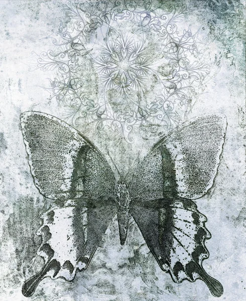 Motyl i orientalne ozdobnych mandali i kolor streszczenie tło z miejsca. — Zdjęcie stockowe