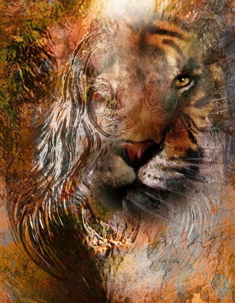 Tiger collage  with water woman fairy, on color abstract  background,  rust structure, wildlife animals. — Stock fotografie