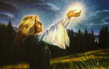 painting mystical young woman in green emerald medieval dress is holding a glowing ball of light in her palms amids a nocturnal meadow. profile portrait