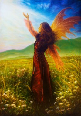 bir tarihi güneş ışığı amids ışınları vahşi çayır renk efekti ayakta içinde resim peri kadın.