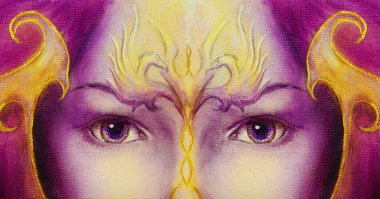 Mystic woman face with gold ornamental tattoo and two phoenix birds, purple background. eye contact.