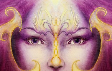 Mystic woman face with gold ornamental tattoo and two phoenix birds, purple background. eye contact.
