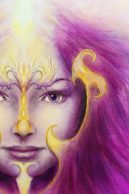 Mystic woman face with gold ornamental tattoo and two phoenix birds, purple background. eye contact.