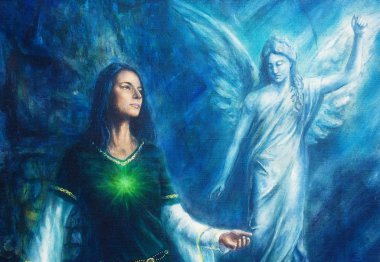 mystic woman  in historical dress with ornament and angel. Spiritual concept. Painting on canvas with abstract blue background.