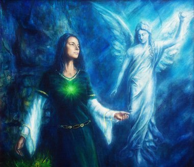 mystic woman  in historical dress with ornament and angel. Spiritual concept. Painting on canvas with abstract blue background.