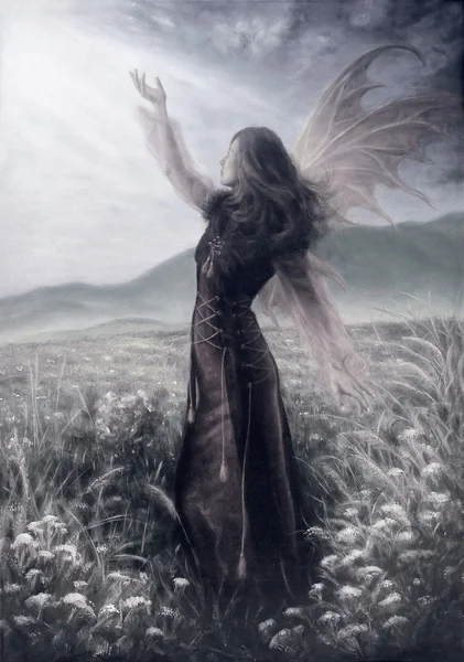 Painting fairy woman in a historic dress standing in rays of sunlight amids a wild meadow Color effect. — Stock Photo, Image