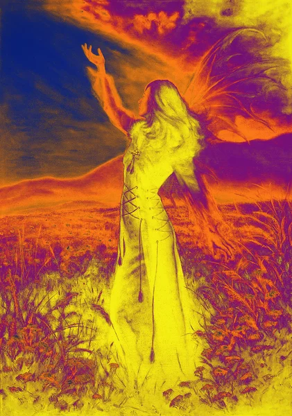 Painting fairy woman in a historic dress standing in rays of sunlight amids a wild meadow Color effect. — Stock Photo, Image