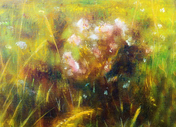 Pintura sobre lienzo de un vibrante prado de primavera lleno de flores de colores silvestres en el día soleado brillante —  Fotos de Stock