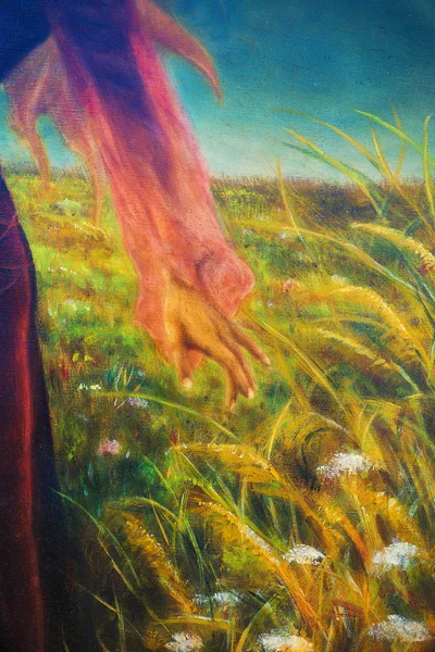 Peinture sur toile d'une prairie printanière vibrante pleine de fleurs sauvages colorées dans la journée ensoleillée. Et détail femme fée main — Photo