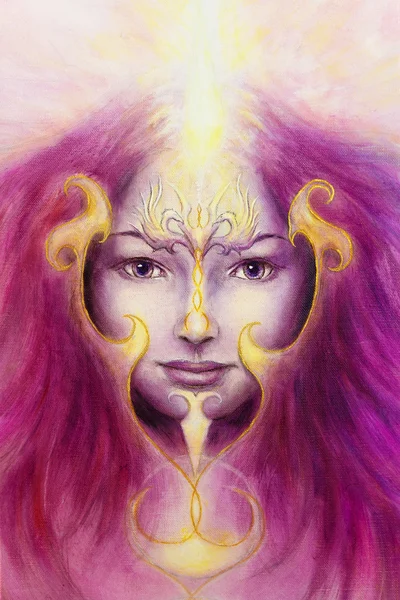 Mystic woman face with gold ornamental tattoo and two phoenix birds, purple background. eye contact. — 스톡 사진