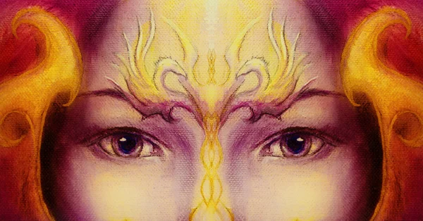 Mystic woman face with gold ornamental tattoo and two phoenix birds, purple background. eye contact. — Stock Photo, Image