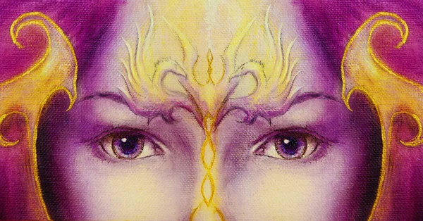 Mystic woman face with gold ornamental tattoo and two phoenix birds, purple background. eye contact. — Stockfoto