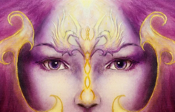 Mystic woman face with gold ornamental tattoo and two phoenix birds, purple background. eye contact. — 스톡 사진