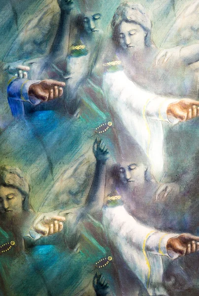 Mano de mujer mística en vestido histórico con adorno y ángel. Concepto espiritual. Pintura sobre lienzo collage . — Foto de Stock