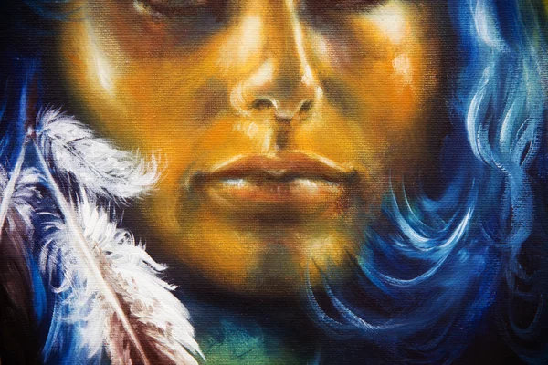Detail Mystic woman face and feathers with blue hair — Stok fotoğraf