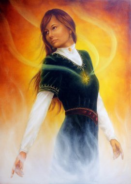Güzel bir tablo olan kadın süs elbise ve hardal arka plan ve beyaz mistik sis. Ve onun kalbini üzerinde güneş madalyon.