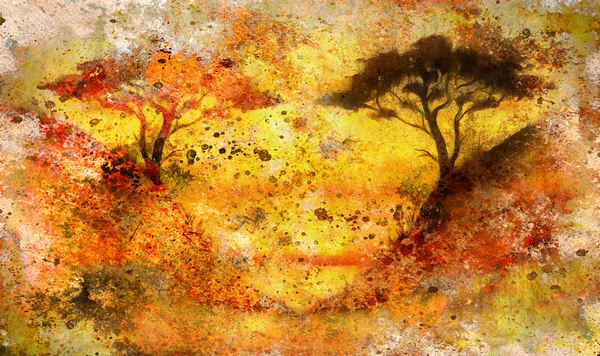 Pintura puesta del sol, mar y árbol, paisaje de papel pintado, collage de color. y fondo grunge abstracto con manchas . — Foto de Stock