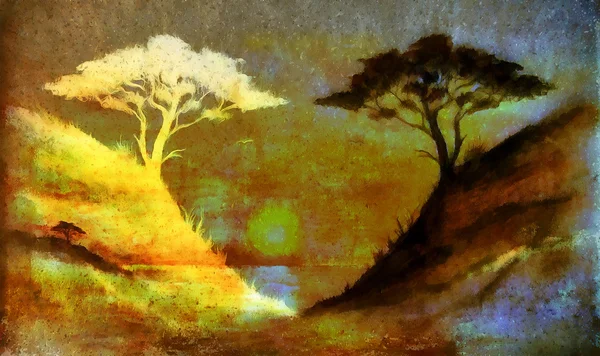 Pintura puesta del sol, mar y árbol, paisaje de papel pintado, collage de color. y fondo grunge abstracto con manchas . —  Fotos de Stock