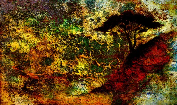 Schilderij zonsondergang, zee en boom, behang landschap, kleur collage. en abstracte grunge achtergrond met vlekken. — Stockfoto