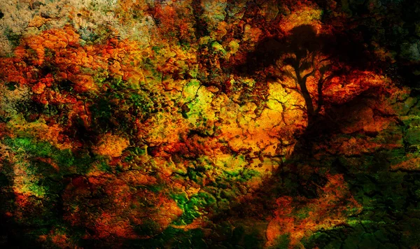 Pintura puesta del sol, mar y árbol, paisaje de papel pintado, collage de color. y fondo grunge abstracto con manchas . — Foto de Stock