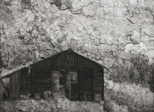 Cabine de madeira em uma floresta nas montanhas, pintura efeito sépia, efeito retro — Fotografia de Stock