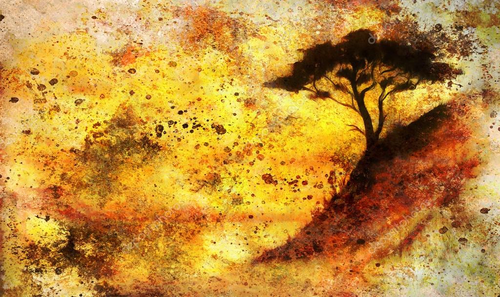 Tree With Sunset Background Painting