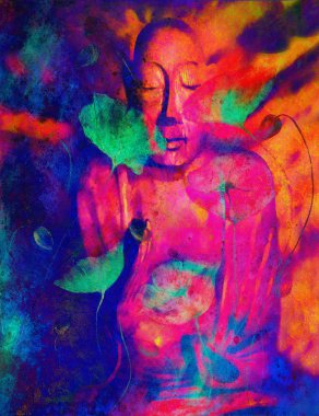 Buddha ve çiçek, arka plan. bilgisayar kolaj resim. Din kavramı.