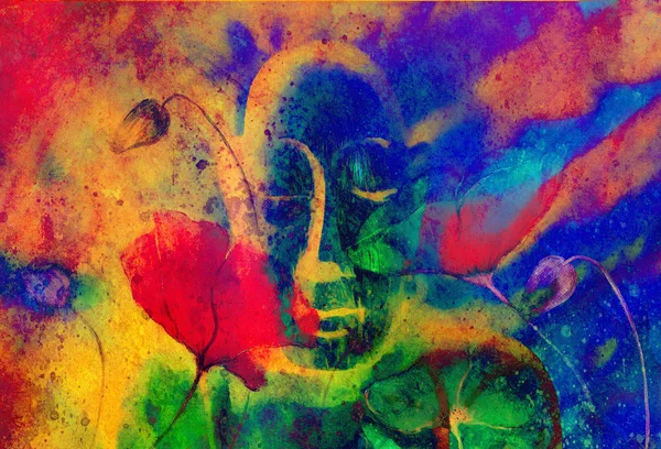 Bouddha et fleur, fond abstrait. peinture de collage informatique. Concept de religion . — Photo