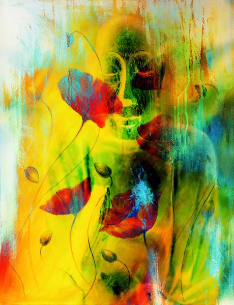 Buddha y flor, fondo abstracto. Pintura de collage informático. Concepto de religión . — Foto de Stock