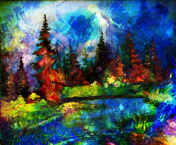 Пейзаж. Река и другие деревья. Заснеженные горы на заднем плане и цветовой эффект с пятнами . — стоковое фото