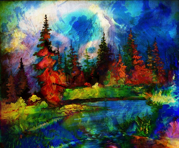 Malarstwo krajobraz. Rzeki i inne oraz drzew. Pokryte śniegiem góry w tle i kolor efekt z miejsca — Zdjęcie stockowe