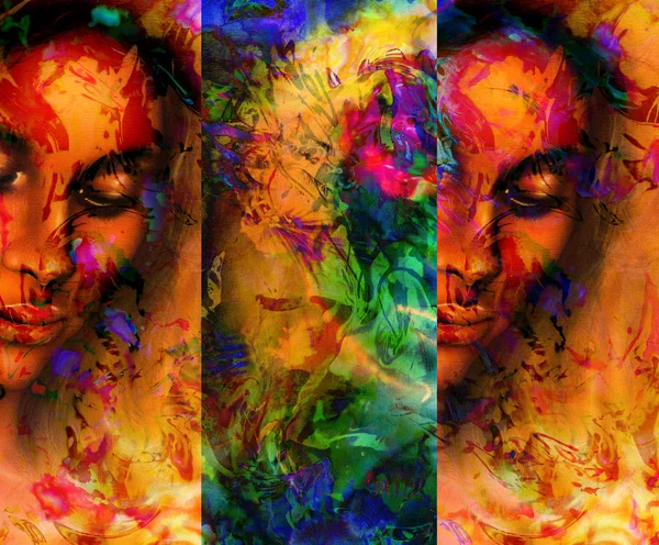 Mulher deusa, com rosto ornamental, e fundo abstrato cor. olhos fechados meditativos . — Fotografia de Stock