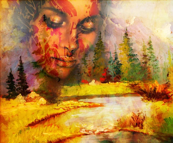 Mujer diosa, con cara ornamental y paisaje con montañas lago y árboles, y fondo abstracto de color. ojos cerrados meditativos . — Foto de Stock