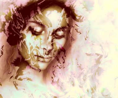 Goddess woman, with ornamental face, and color abstract background. meditative closed eyes.