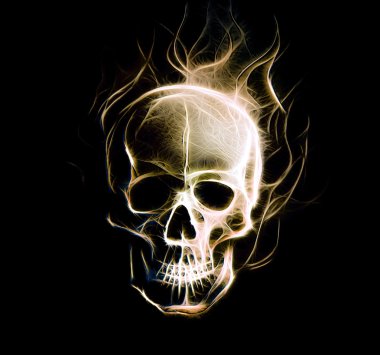 Skull. glass and fractal effect. Black  background, computer collage.