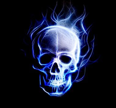 Skull. glass and fractal effect. Black  background, computer collage.